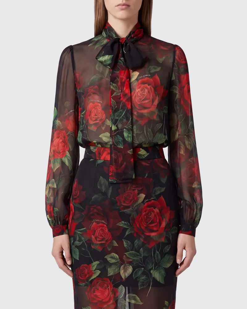 Dolce & Gabbana DOLCE  GABBANA Seidenbluse mit Blumendruck von Dolce & Gabbana mit Schluppenkragen Rot