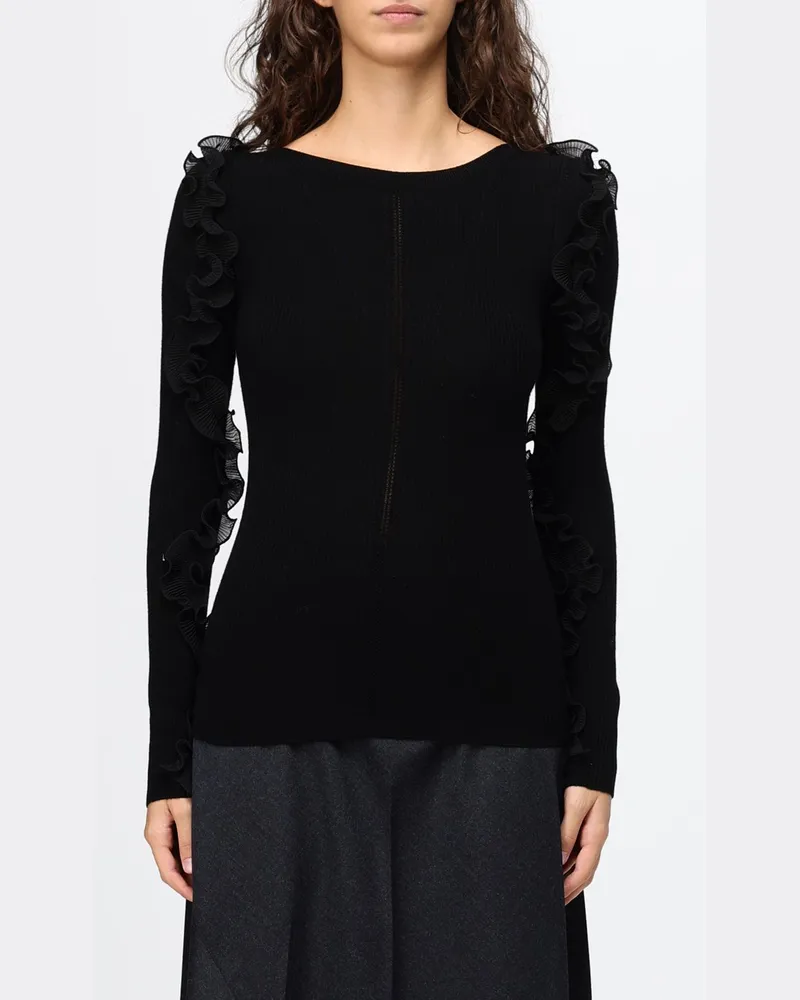 Liu Jo Slim Fit Rundhalspullover aus Wollmischung mit Rüschen Schwarz