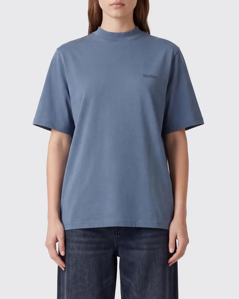 ATTICO Baumwoll-T-Shirt mit Rundhalsausschnitt mit überschnittenen Schultern und Ton-in-Ton-Logo Blau