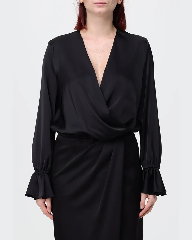 Hanita Cropped Satinbluse mit V-Ausschnitt und ausgestellten langen Ärmeln Schwarz