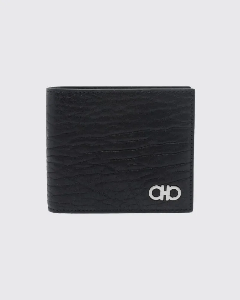 Ferragamo Bifold-Geldbörse aus genarbtem Kalbsleder mit Gancini-Logo Schwarz