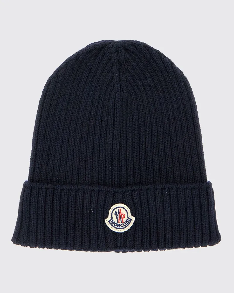 Moncler Rippenstrick-Wollmütze für Jungen mit Umschlag und Logo-Patch Blau