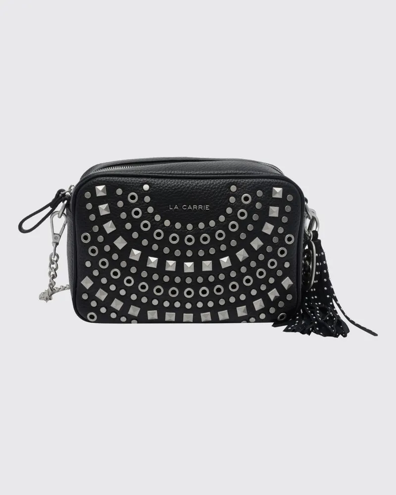 LA CARRIE bestickte Kamera-Tasche aus Polyurethan mit Nieten und Riemen Schwarz