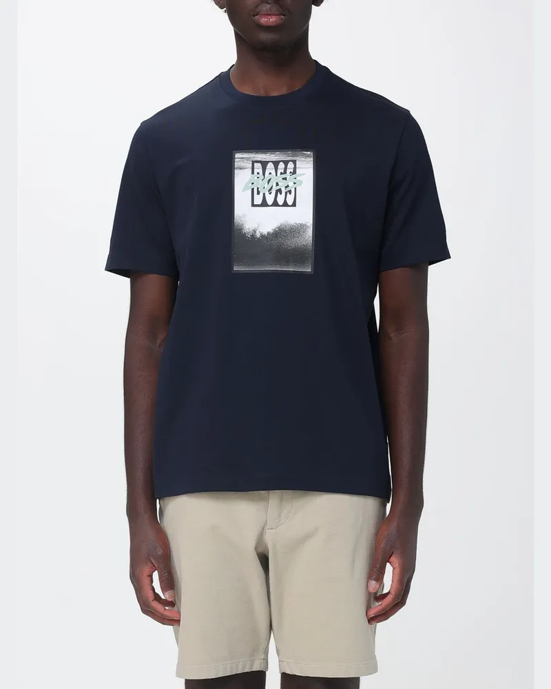 HUGO BOSS T-Shirt aus reiner Baumwolle mit Rundhals und Front-Logo-Print Blau