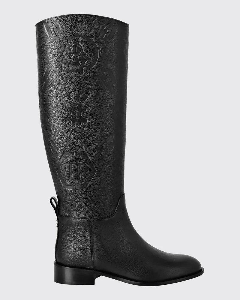 Philipp Plein Kniehohe Stiefel aus genarbtem Leder mit geprägtem Hexagon-Logo Schwarz