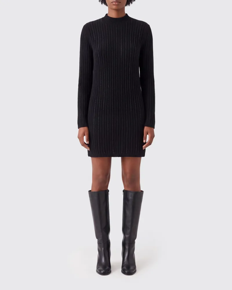 Twin-Set Geripptes Strick-Minikleid mit langen Ärmeln und Nietenverzierungen Schwarz