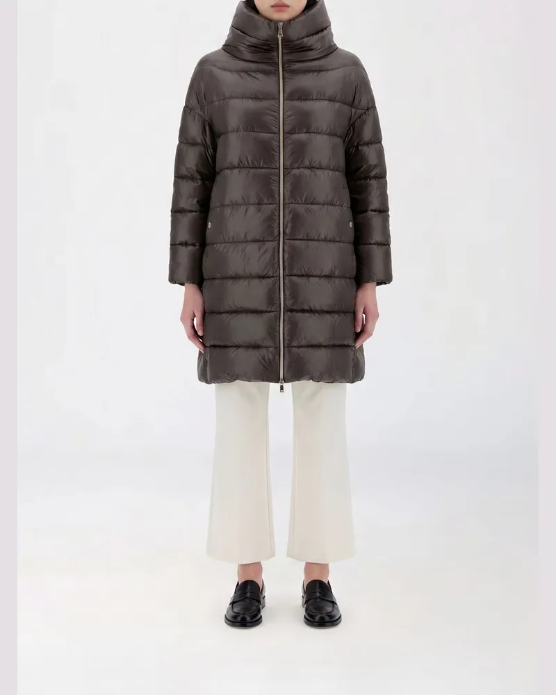 Herno Langer Daunenmantel aus gestepptem Nylon mit Trichterkragen und Reißverschluss Grau