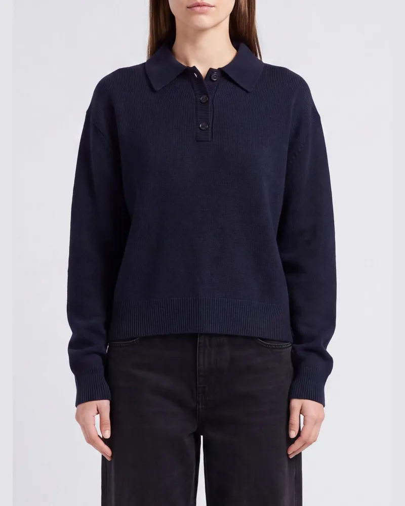 Anine Bing Langärmeliges Poloshirt aus 100% Kaschmir-Strick mit überschnittenen Schultern Navy