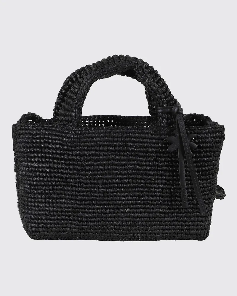 Manebí Mini-Häkeltasche von aus Raffia mit doppeltem Henkel und geflochtenem Riemen Schwarz