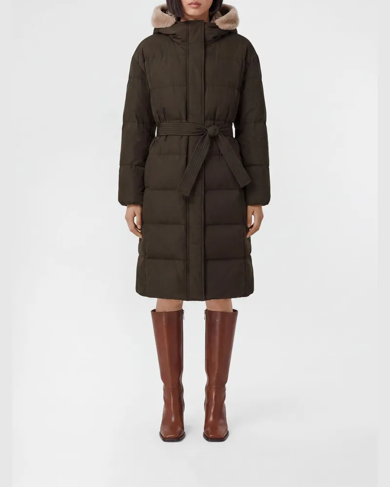 Brunello Cucinelli Wasserabweisender Daunenmantel aus Baumwolle mit Kapuze und Gürtel Braun