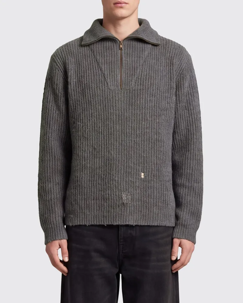 Maison Margiela Pullover mit hohem Kragen aus Leinen und Wolle mit Reißverschluss und Distressed-Effekt Grau