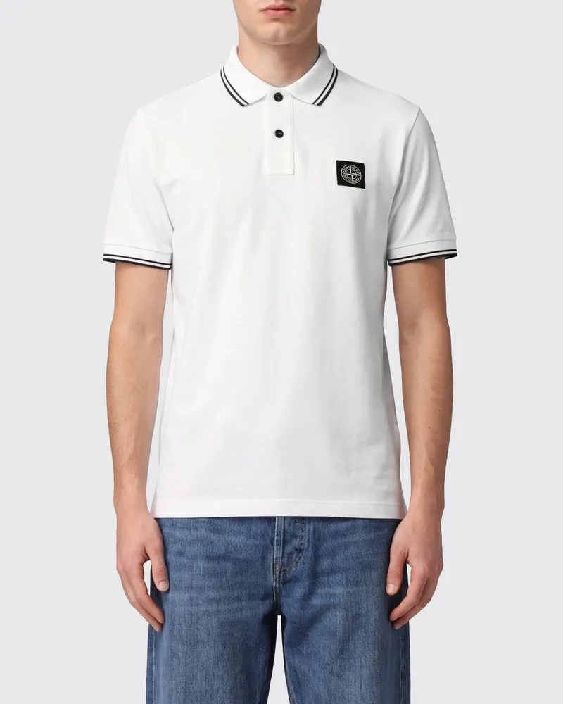 Stone Island Baumwoll-Poloshirt mit Kompass-Logo und kontrastierendem Streifenkragen Weiß