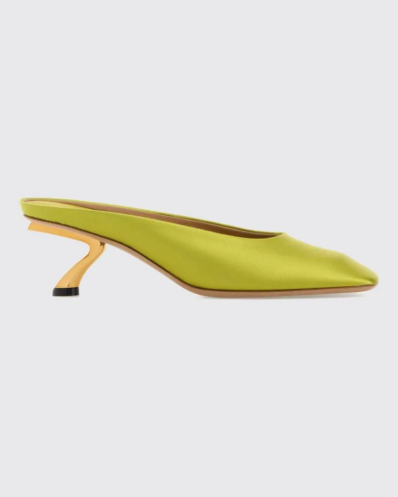 Ferragamo Safi Mules aus Satin mit skulpturalem Absatz und abgerundeter Spitze Sauergrün