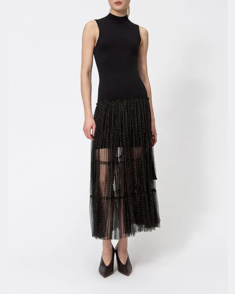 Twin-Set Midikleid aus Strick und Tüll mit Stehkragen und offenen Schultern von Schwarz