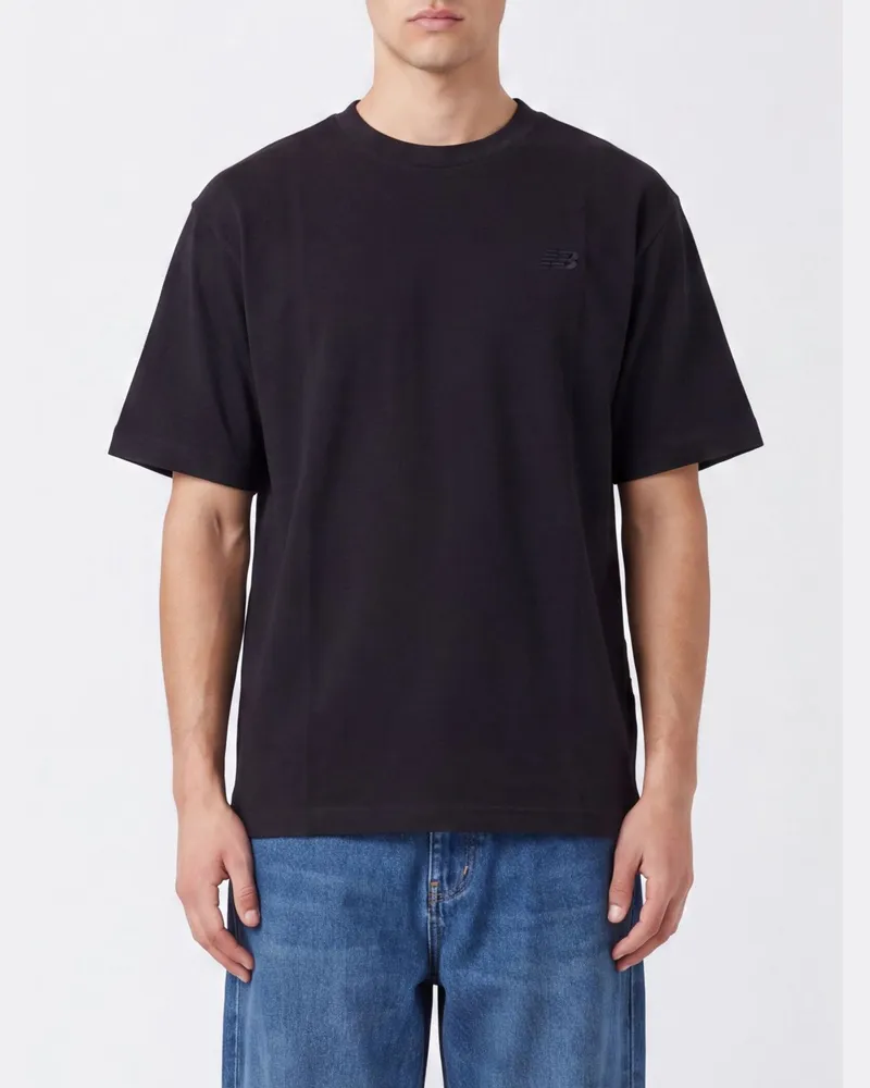New Balance Rundhals-T-Shirt aus Baumwolle mit Ton-in-Ton-Logostickerei Schwarz