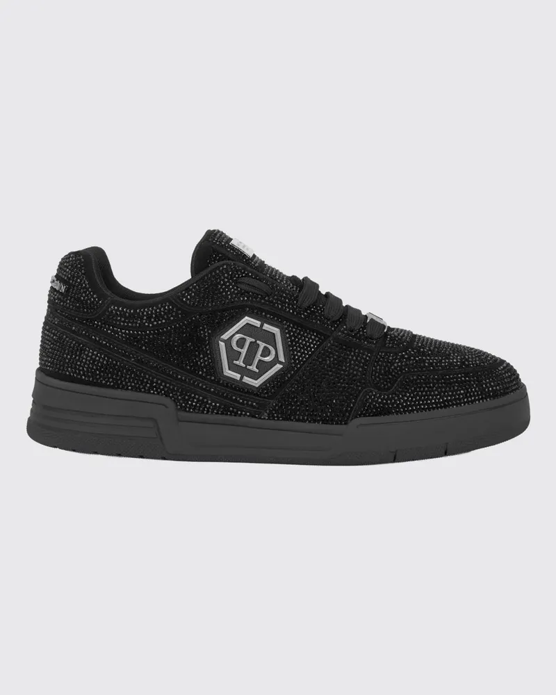 Philipp Plein P-Force Leder-Sneakers mit Monogramm und Kristallen Schwarz