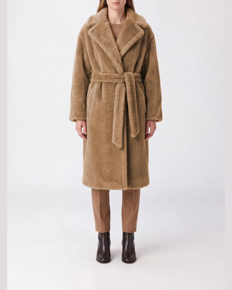 Max Mara Robenmantel aus Webpelz mit Gürtel Mud