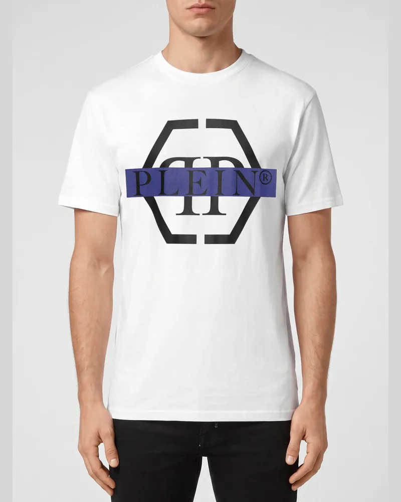 Philipp Plein Slim-Fit Baumwoll-T-Shirt mit Hexagon-Logo und Monogramm Weiß