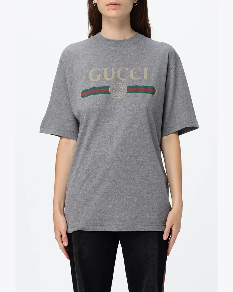 Gucci Baumwoll-T-Shirt mit Web-Logo und überschnittenen Schultern Grau