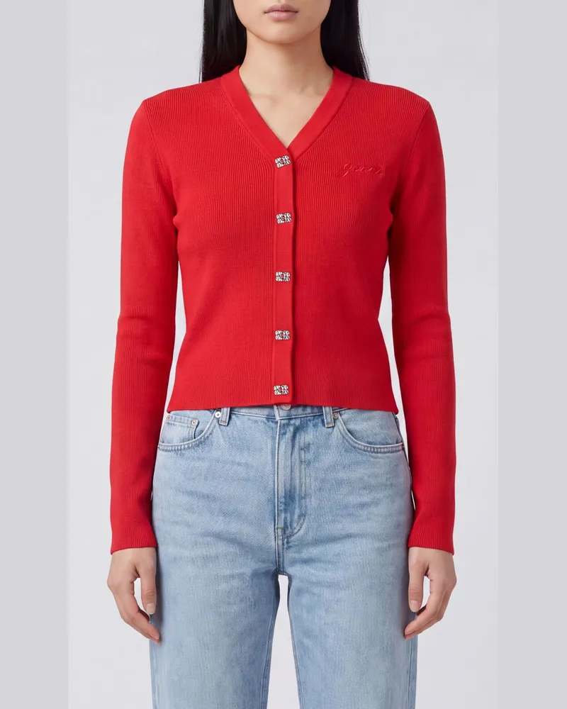 Ganni Slim Fit V-Ausschnitt Cardigan aus Merinowolle mit Butterfly-Logo Rot