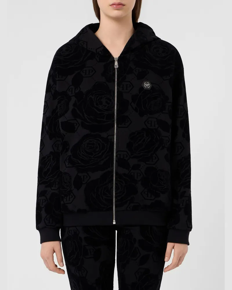 Philipp Plein Kapuzen-Sweatshirt mit Reißverschluss und Blumen-Monogramm-Print Schwarz