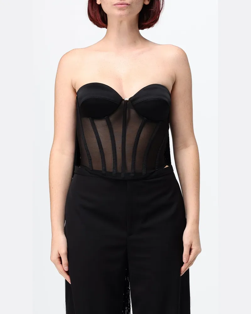 Elisabetta Franchi Satin-Bustier-Top mit Herzausschnitt und Fransen Schwarz
