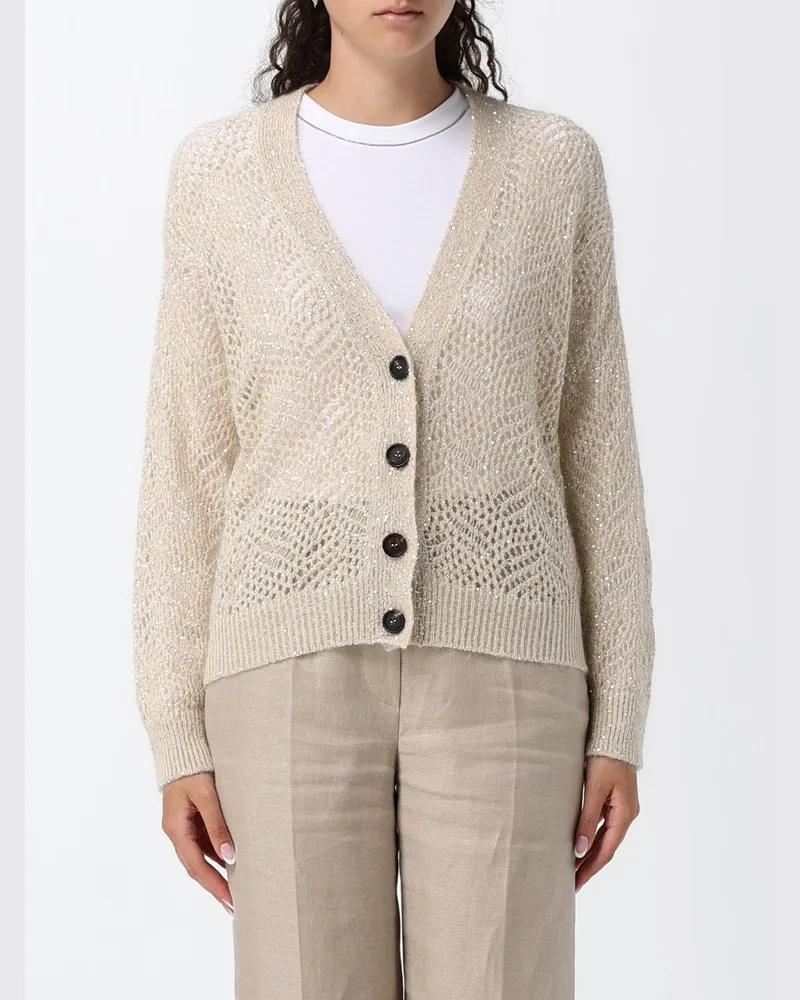 Brunello Cucinelli Lochstrick-Cardigan aus Wollmischung mit Pailletten und V-Ausschnitt Ivory