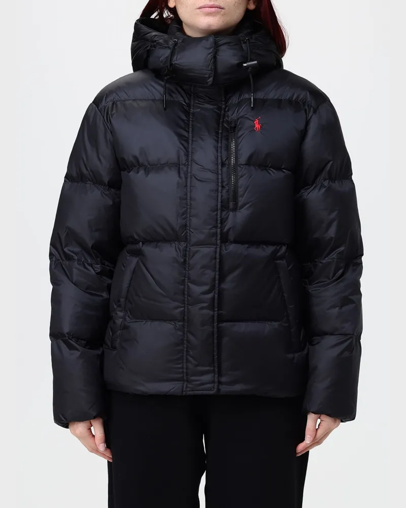 Ralph Lauren Kurze Kapuzen-Daunenjacke aus recyceltem Nylon mit Pony-Logo Schwarz