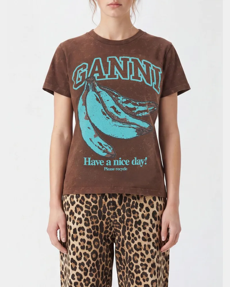 Ganni Baumwoll-T-Shirt mit Rundhalsausschnitt mit Kontrast-Logo Kaffee