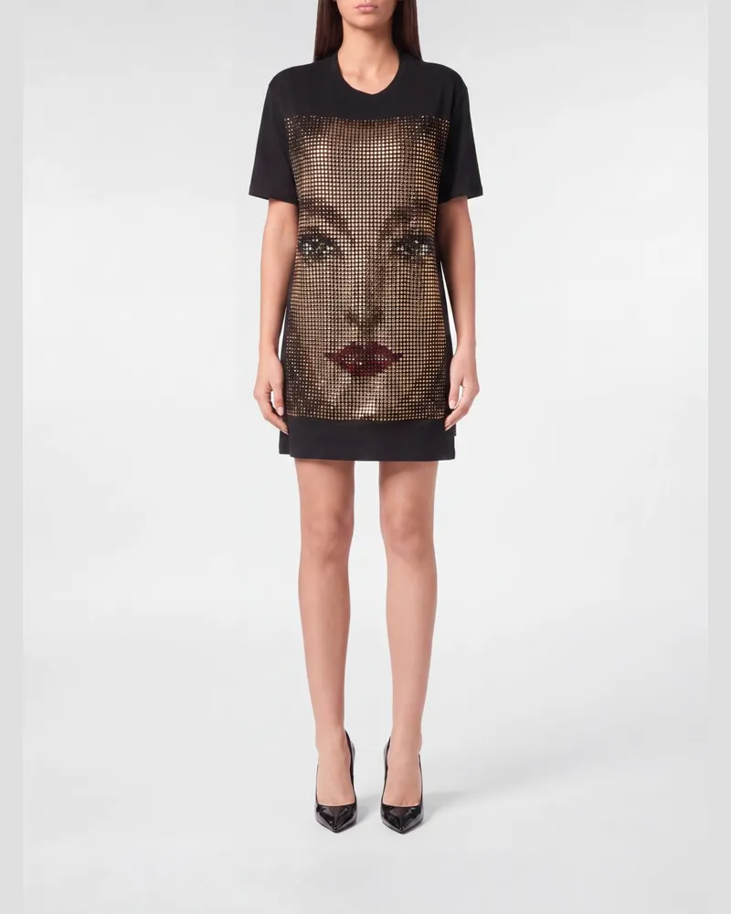 Philipp Plein T-Shirt-Kleid aus Baumwolljersey mit Kristallen Schwarz