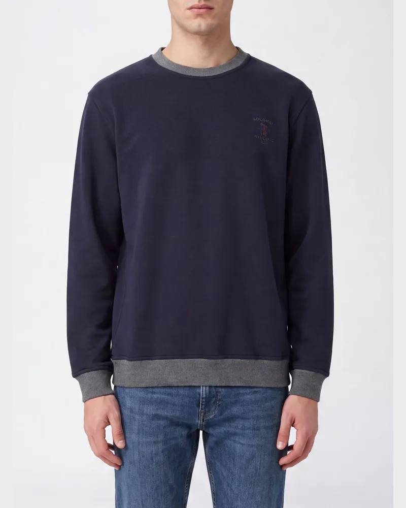 Brunello Cucinelli Baumwoll-Sweatshirt mit Rundhalsausschnitt und Kontrast-Logostickerei Navy