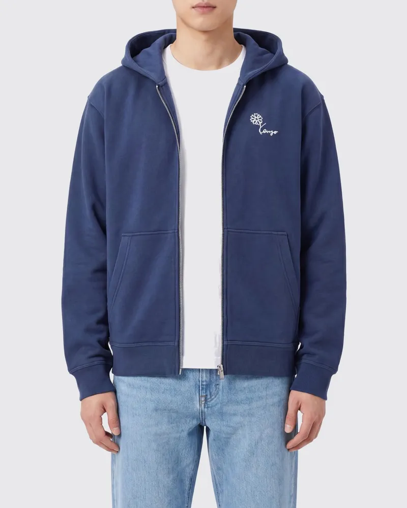 Kenzo Normal geschnittener Baumwoll-Hoodie mit Blumenmuster und Reißverschluss Blau