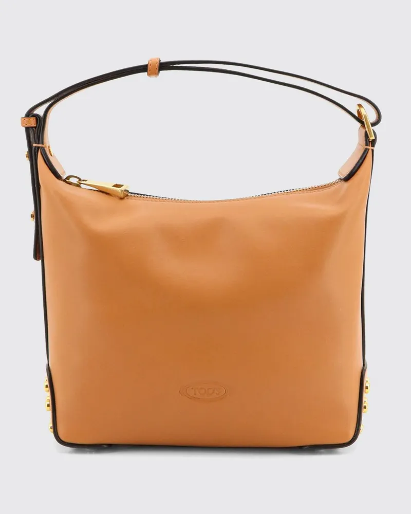 TOD'S Metal Dots Kleine Schultertasche aus glattem Kalbsleder Braun