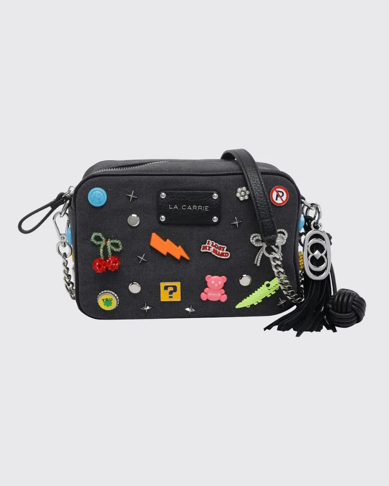 LA CARRIE Bestickte Canvas Mini Camera Bag mit Nieten Schwarz