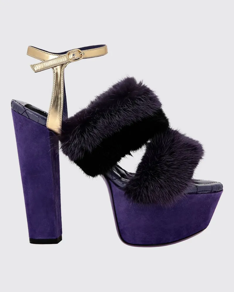 Philipp Plein Gestreifte Plateau-Sandalen aus Wildleder und Fell Lachs