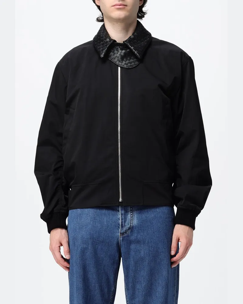 Bottega Veneta Hemdjacke aus Baumwolle mit geflochtenem Lederkragen Schwarz