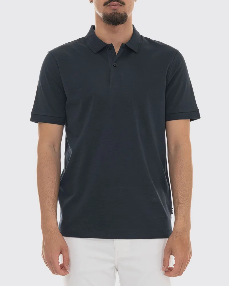 HUGO BOSS Kurzärmeliges Baumwoll-Poloshirt mit geripptem Kragen und Zwei-Knopf-Leiste Blau