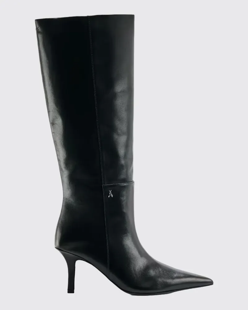Patrizia Pepe Kniehohe Stiefel aus Schafsleder mit Stiletto-Absatz und Fly-Logo Schwarz