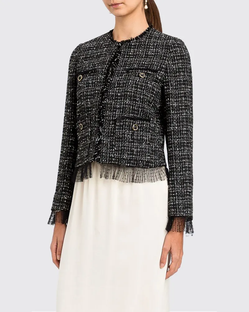 Twin-Set Kurzer Bouclé-Blazer mit Fransenrändern und Rundhalsausschnitt Schwarz