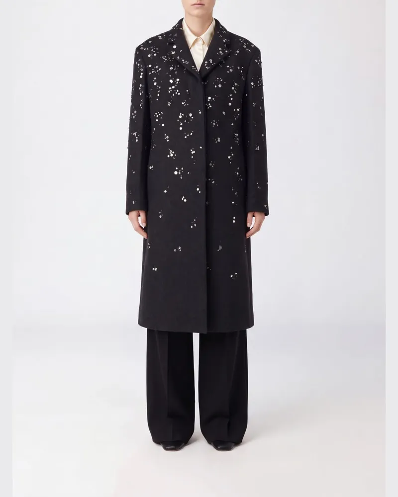 Jil Sander Langer Wollmantel mit Kristall- und Paillettenstickerei Stahl