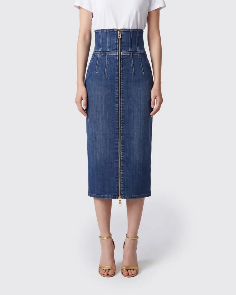 Elisabetta Franchi Hochgeschnittener Denim-Bleistiftrock im Bustier-Stil Navy
