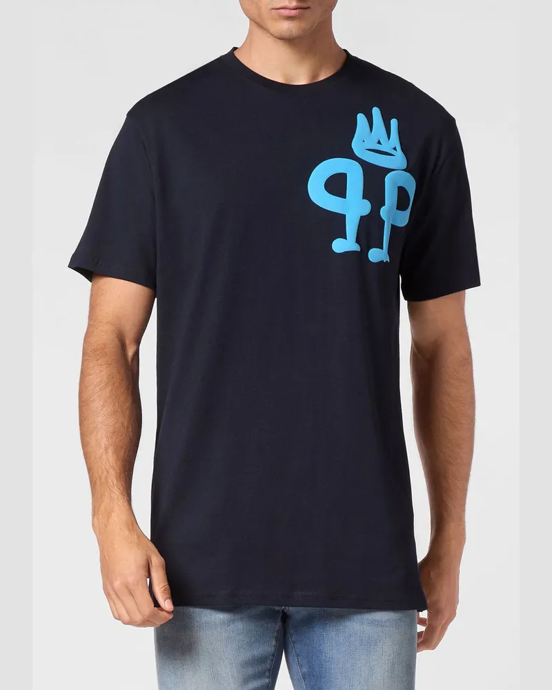 Philipp Plein T-Shirt aus Baumwolle mit überschnittenen Schultern und Monogramm-Logo Blau
