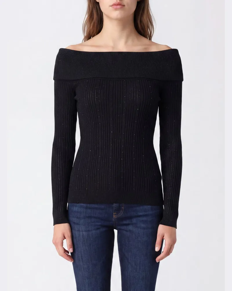 Liu Jo Schmaler gerippter Pullover aus Schurwolle mit U-Boot-Ausschnitt Schwarz