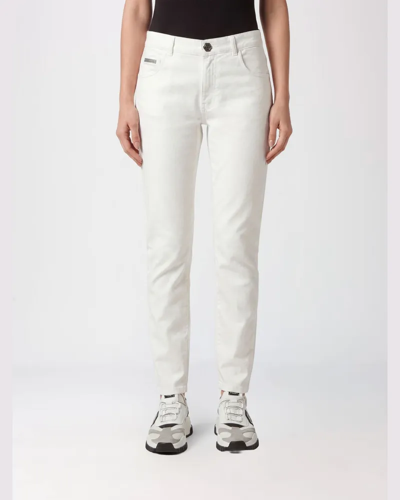 Philipp Plein Hochgeschnittene Cropped Skinny-Jeans aus Stretch-Denim mit Hexagon-Logo Weiß