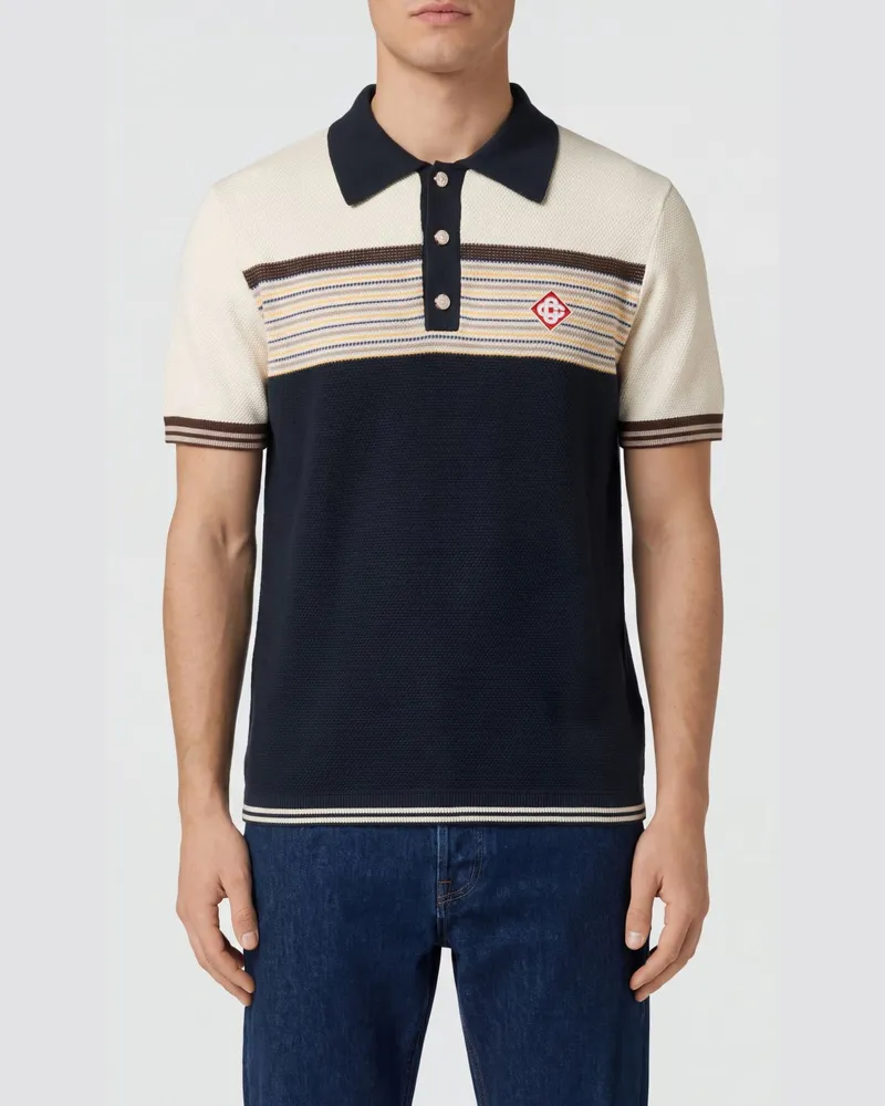 Casablanca Paris Gestreiftes Strick-Poloshirt aus Wolle und Baumwolle mit Logo Weiß