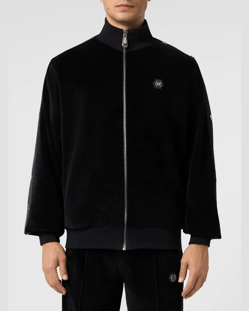 Philipp Plein Samt-Sweatjacke mit Reißverschluss, Stehkragen und Hexagon-Logo-Patch Schwarz