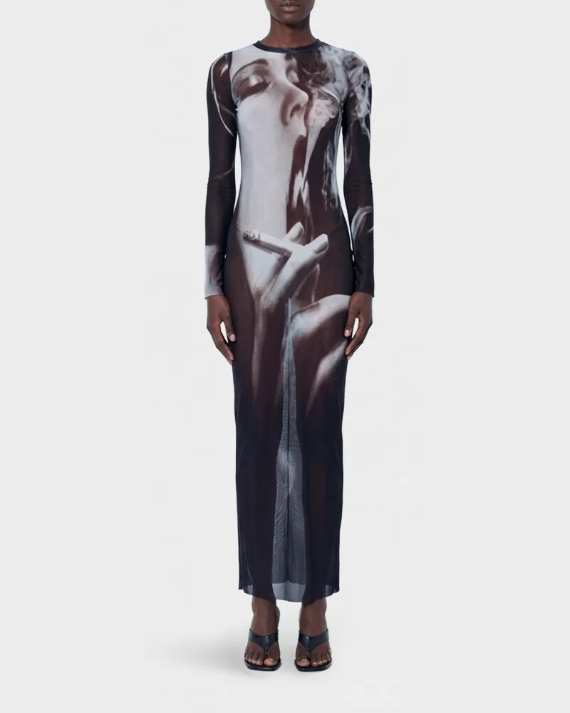 Jean Paul Gaultier Midi-Etuikleid aus Tüll mit Grafikdruck Schwarz