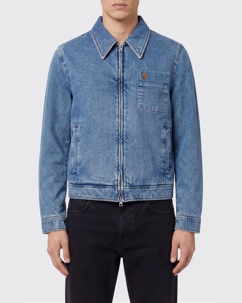 AMI Paris Hemdjacke aus Baumwolldenim mit gesticktem Logo Blau