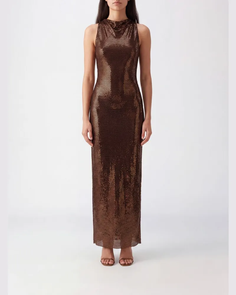 Self-Portrait Langes One-Shoulder-Abendkleid mit Strass-Stickerei Braun