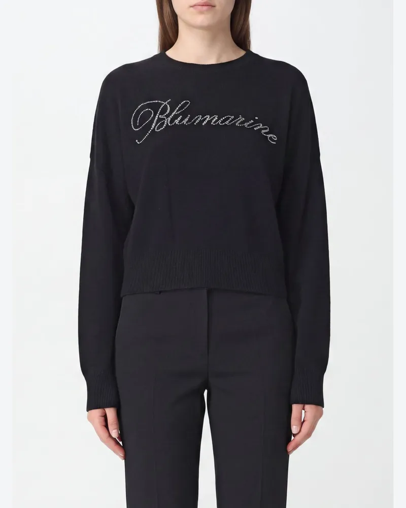 Blumarine Wollpullover mit Rundhalsausschnitt, Strass-Logo und überschnittenen Schultern Schwarz